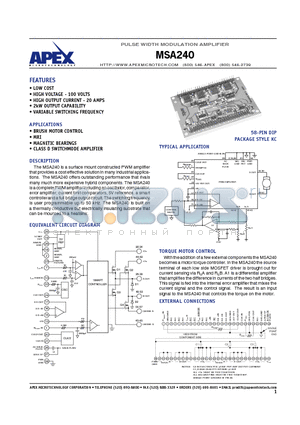 MSA240 datasheet - PULSE WIDTH MODULATION AMPLIFIER