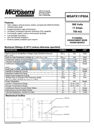 MSAFX11P50A datasheet - P-CHANNEL ENHANCEMENT MODE POWER MOSFET