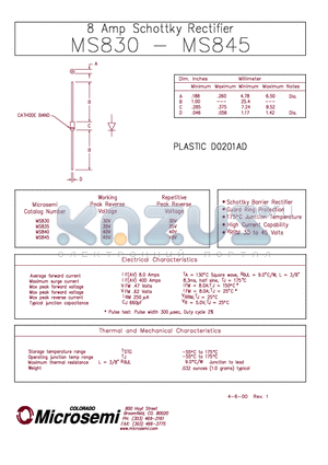 MS830 datasheet - 8 Amp Schottky Rectifier