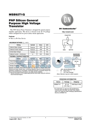 MSB92T1G datasheet - PNP Silicon General Purpose High Voltage Transistor