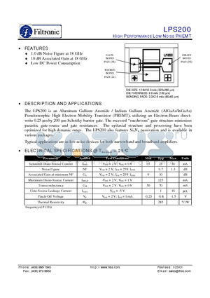 LPS200 datasheet - HIGH PERFORMANCE LOW NOISE PHEMT