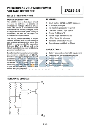 ZR285F03 datasheet - PRECISION 2.5 VOLT MICROPOWER VOLTAGE REFERENCE