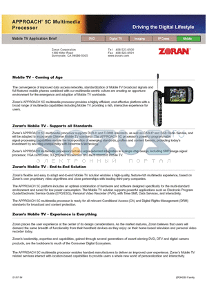 ZR34530 datasheet - APPROACH 5C Multimedia Processor Mobile TV Capabilities