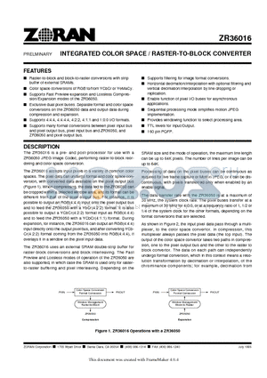 ZR36016PQC-30 datasheet - INTEGRATED COLOR SPACE / RASTER-TO-BLOCK CONVERTER