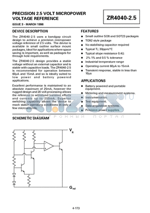 ZR404005R25 datasheet - PRECISION 2.5 VOLT MICROPOWER VOLTAGE REFERENCE