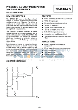 ZR40401F25 datasheet - PRECISION 2.5 VOLT MICROPOWER VOLTAGE REFERENCE