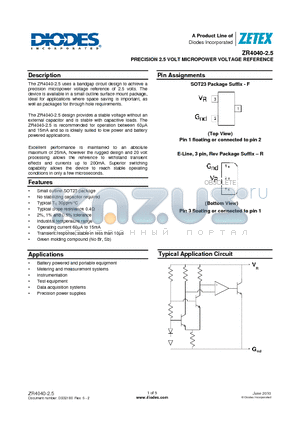 ZR40401F25TA datasheet - PRECISION 2.5 VOLT MICROPOWER VOLTAGE REFERENCE