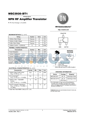 MSC3930-BT1G datasheet - NPN RF Amplifier Transistor