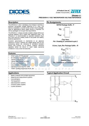 ZR40401F41TA datasheet - PRECISION 4.1 VOLT MICROPOWER VOLTAGE REFERENCE