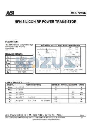 MSC72166 datasheet - NPN SILICON RF POWER TRANSISTOR