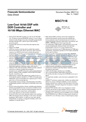 MSC7116VF1000 datasheet - Low-Cost 16-bit DSP with DDR Controller and 10/100 Mbps Ethernet MAC