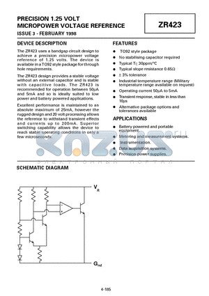 ZR423 datasheet - PRECISION 1.25 VOLT MICROPOWER VOLTAGE REFERENCE