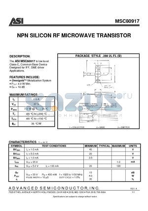 MSC80917 datasheet - NPN SILICON RF MICROWAVE TRANSISTOR