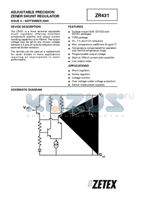 ZR431N8 datasheet - ADJUSTABLE PRECISION ZENER SHUNT REGULATOR