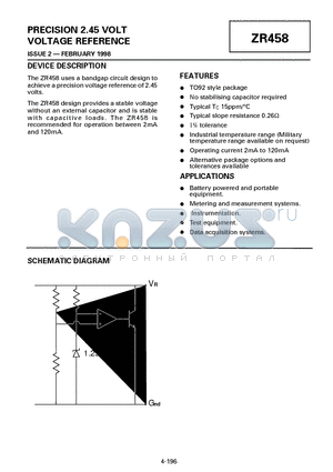 ZR458 datasheet - PRECISION 2.45 VOLT VOLTAGE REFERENCE