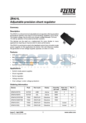 ZR431LF02TA datasheet - Adjustable precision shunt regulator