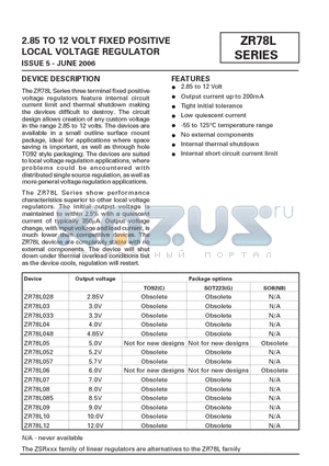 ZR78L05 datasheet - 2.85 TO 12 VOLT FIXED POSITIVE LOCAL VOLTAGE REGULATOR