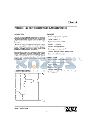 ZRA125 datasheet - PRECISION 1.25 VOLT MICROPOWER VOLTAGE REFERENCE