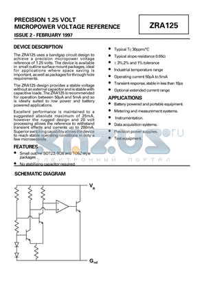 ZRA125A02 datasheet - PRECISION 1.25 VOLT MICROPOWER VOLTAGE REFERENCE