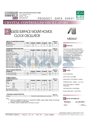 MSD641-44.736M datasheet - LEADLESS SURFACE MOUNT HCMOS CLOCK OSCILLATOR