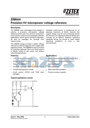 ZRB500A01STZ datasheet - Precision 5V micropower voltage reference