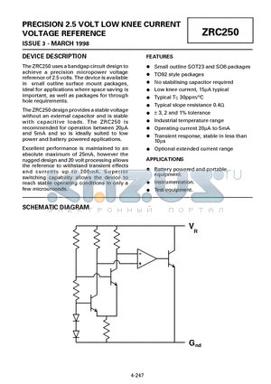 ZRC250 datasheet - PRECISION 2.5 VOLT LOW KNEE CURRENT VOLTAGE REFERENCE