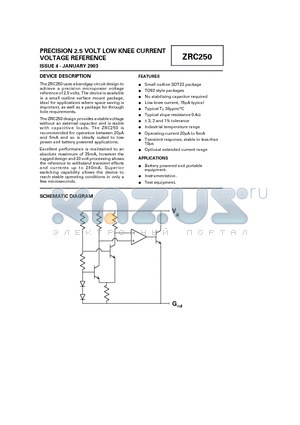 ZRC250 datasheet - PRECISION 2.5 VOLT LOW KNEE CURRENT VOLTAGE REFERENCE