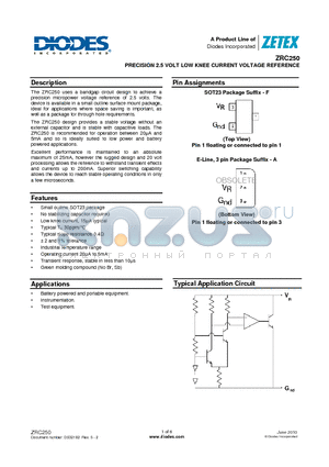 ZRC250F01TA datasheet - PRECISION 2.5 VOLT LOW KNEE CURRENT VOLTAGE REFERENCE