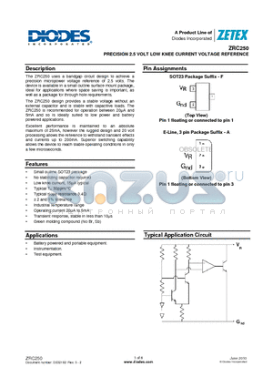 ZRC250F02TA datasheet - PRECISION 2.5 VOLT LOW KNEE CURRENT VOLTAGE REFERENCE