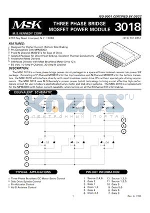 MSK3018 datasheet - THREE PHASE BRIDGE MOSFET POWER MODULE