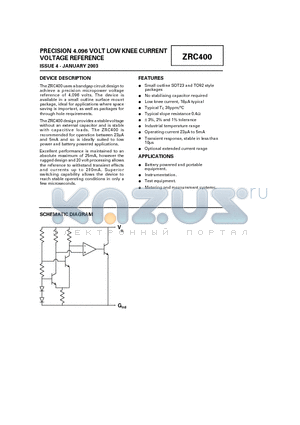 ZRC400 datasheet - PRECISION 4.096 VOLT LOW KNEE CURRENT VOLTAGE REFERENCE