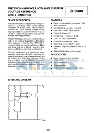 ZRC400 datasheet - PRECISION 4.096 VOLT LOW KNEE CURRENT VOLTAGE REFERENCE