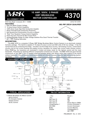 MSK4370 datasheet - 10 AMP, 500V, 3 PHASE IGBT BRUSHLESS MOTOR CONTROLLER