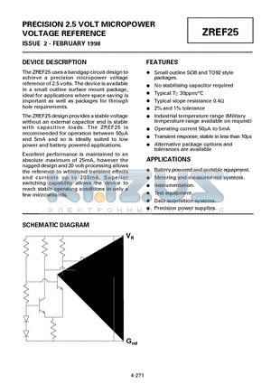 ZREF25D datasheet - PRECISION 2.5 VOLT MICROPOWER VOLTAGE REFERENCE