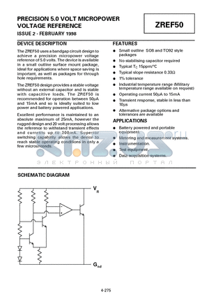 ZREF50Z datasheet - PRECISION 5.0 VOLT MICROPOWER VOLTAGE REFERENCE