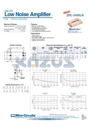 ZRL-2400LN datasheet - Low Noise Amplifier 50 1000 to 2400 MHz