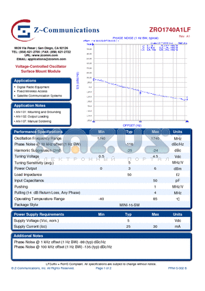 ZRO1740A1LF datasheet - Voltage-Controlled Oscillator Surface Mount Module