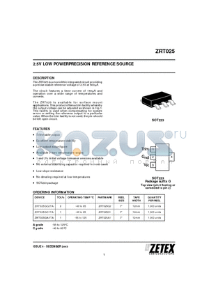 ZRT025GC1TA datasheet - 2.5V LOW POWERPRECISION REFERENCE SOURCE