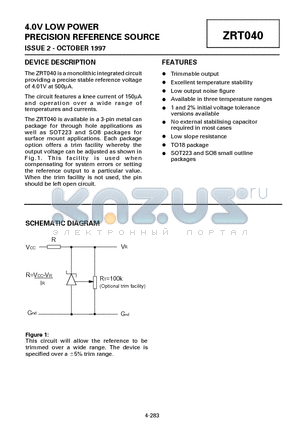 ZRT040 datasheet - 4.0V LOW POWER PRECISION REFERENCE SOURCE