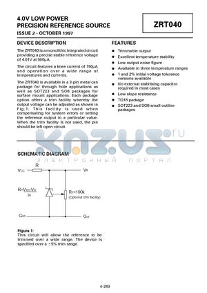 ZRT040N8A1 datasheet - 4.0V LOW POWER PRECISION REFERENCE SOURCE