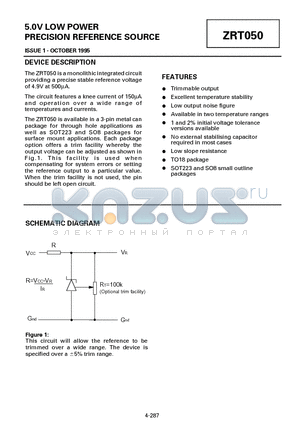 ZRT050 datasheet - 5.0V LOW POWER PRECISION REFERENCE SOURCE