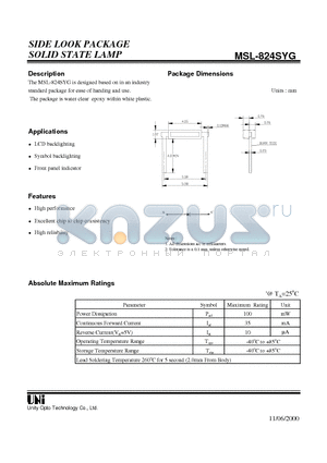 MSL-824SYG datasheet - SIDE LOOK PACKAGE SOLID STATE LAMP