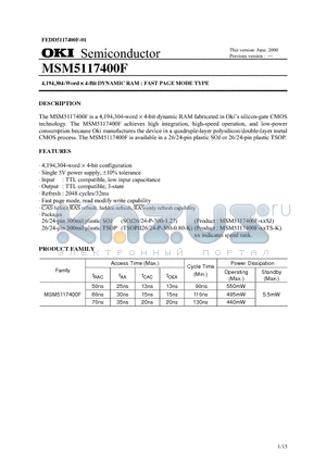 MSM5117400F datasheet - 4,194,304-Word  4-Bit DYNAMIC RAM : FAST PAGE MODE TYPE