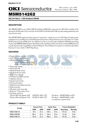 MSM514262-70ZS datasheet - 262,144-Word x 4-Bit Multiport DRAM