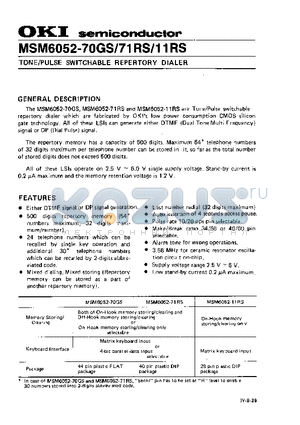 MSM6052-71RS datasheet - TONE/PULSE SWITCHABLE REPERTORY DIALER