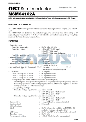 MSM64162A datasheet - 4-Bit Microcontroller with Built-in RC Oscillation Type A/D Converter and LCD Driver