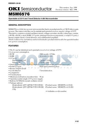 MSM6576 datasheet - Operatable at 0.9 V and 7-level Detector 4-Bit Microcontroller