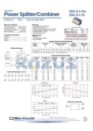 ZSC-2-1-75 datasheet - Power Splitter/Combiner