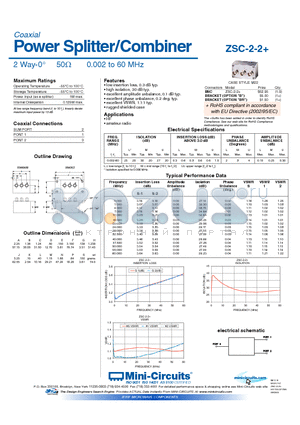 ZSC-2-2+ datasheet - Power Splitter/Combiner 2 Way-0 50Y 0.002 to 60 MHz
