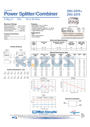 ZSC-2375+ datasheet - Power Splitter/Combiner 2 Way-0 75Y 55 to 85 MHz
